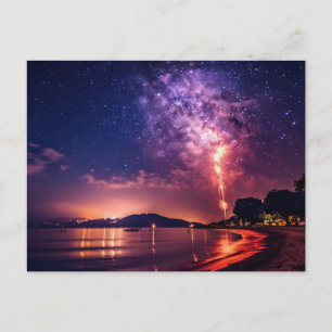 Purple Fireworks Over Beach Postcard