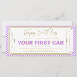 Purple First Car Birthday Gift Voucher Card