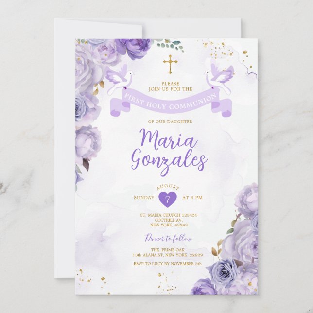 Purple First Holy Communion Cross Butterfly Floral Invitation (Front)