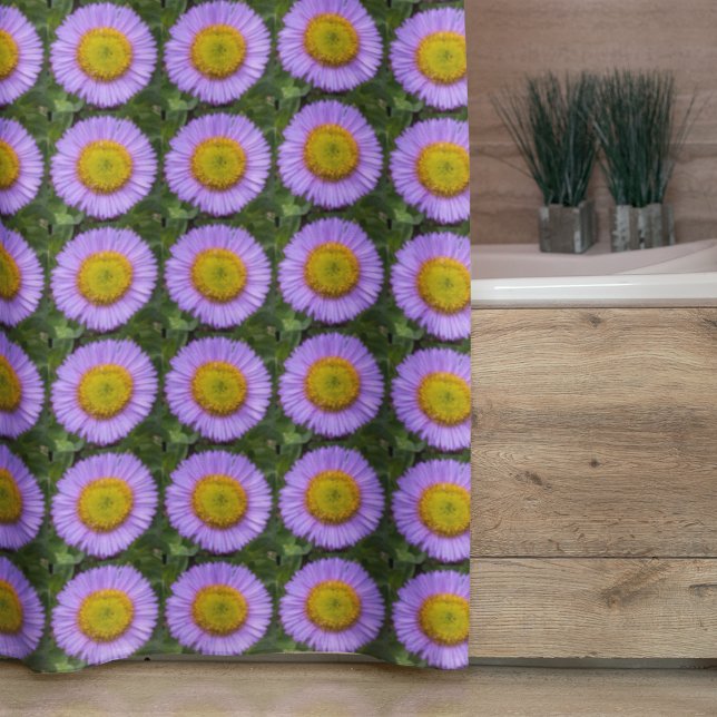 Purple Fleabane Daisy Floral Pattern Shower Curtain (In Situ Bathroom)