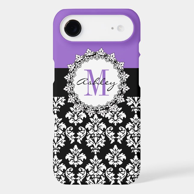 Purple Fleur de Lis Black Damask Monogrammed Case-Mate iPhone Case (Back)