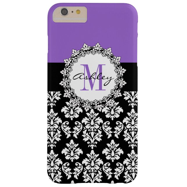 Purple Fleur de Lis Black Damask Monogrammed Case-Mate iPhone Case (Back)