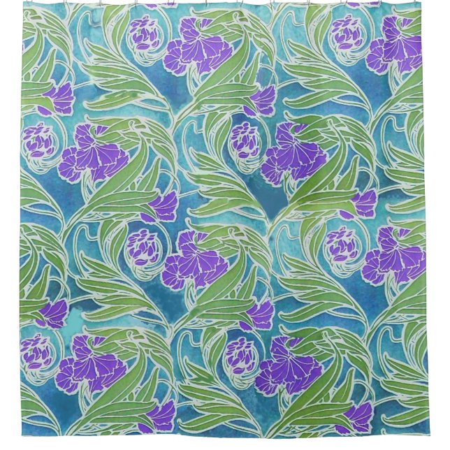PURPLE FLEUR DE LIS ,GREEN LEAVES AQUA BLUE FLORAL SHOWER CURTAIN (Front)