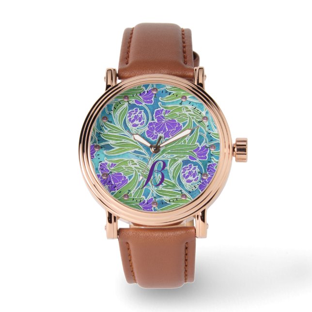 PURPLE FLEUR DE LIS ,GREEN LEAVES AQUA BLUE FLORAL WATCH (Front)