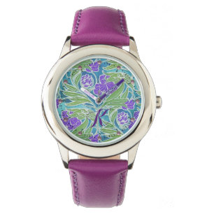 PURPLE FLEUR DE LIS ,GREEN LEAVES AQUA BLUE FLORAL WATCH