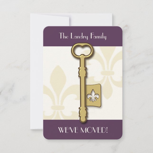 Purple Fleur de Lis Key Moving Announcement (Front)
