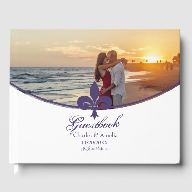 Purple Fleur de Lis Photo Wedding Day Guestbook (Front)