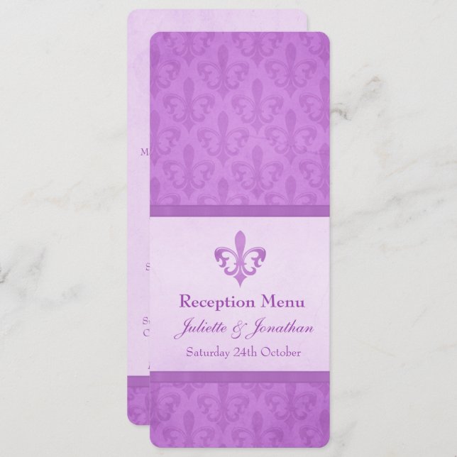 Purple Fleur De Lis wedding reception dinner menu Invitation (Front/Back)