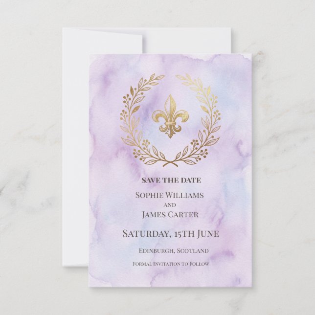 Purple Fleur de Lis Wedding Save The Date (Front)
