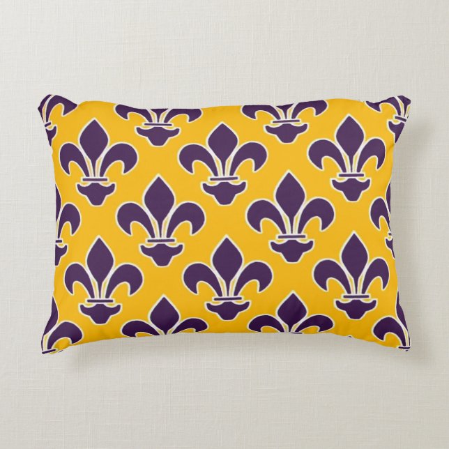 Purple Fleurs de Lis on Gold Decorative Cushion (Front)