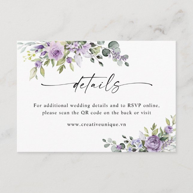 Purple Floers Wedding Website QR Code Details  Enclosure Card (Front)