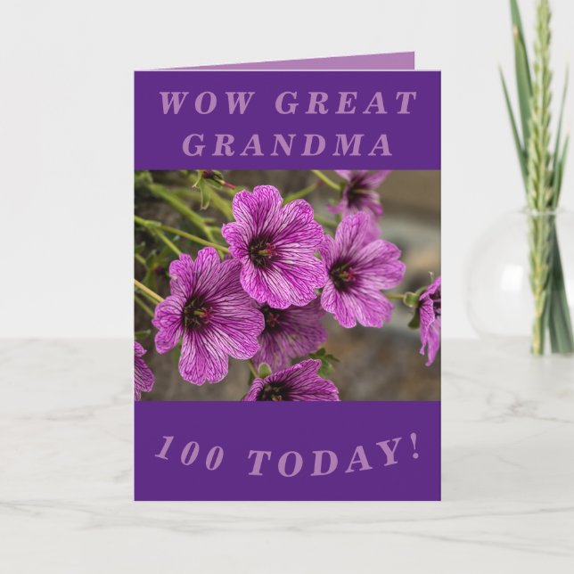 Purple Floral 100th Birthday Card Great Grandma (Front)