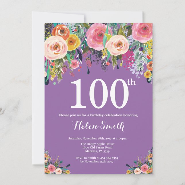 Purple Floral 100th Birthday Invitation (Front)