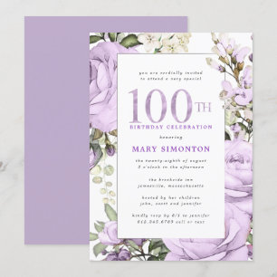 Purple Floral 100th Birthday Party Invitation