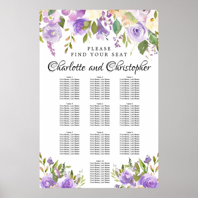 Purple Floral 10-Table Wedding Seating Chart (Front)