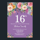 Purple Floral 16th Birthday Invitation<br><div class="desc">Purple Floral 16th Birthday Invitation for Girl. Watercolor Floral Flower. Purple Lilac Lavender Violet Background. Pink, Yellow, Orange, Purple Flower. Kids Birthday. 13th 15th 16th 18th 20th 21st 30th 40th 50th 60th 70th 80th 90th 100th, Any Ages. For further customisation, please click the "Customise it" button and use our design...</div>