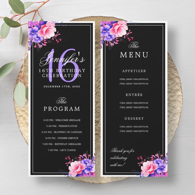 Purple Floral 16th Birthday Program Menu Black Invitation (Purple Floral 16th Birthday Program Menu Black)