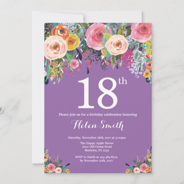 Purple Floral 18th Birthday Invitation (Front)