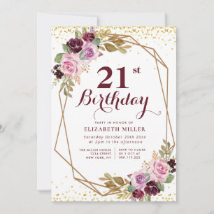 purple floral 21st birthday party invitation