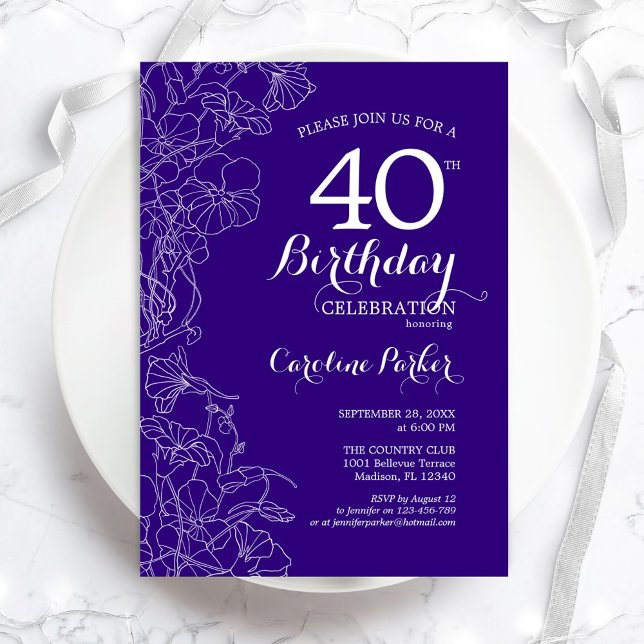 Purple Floral 40th Birthday Party Invitation (Creator Uploaded)