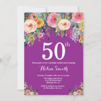 Purple Floral 50th Birthday Invitation