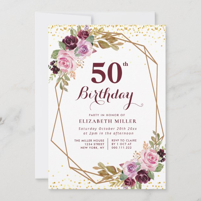 purple floral 50th birthday party invitation (Front)