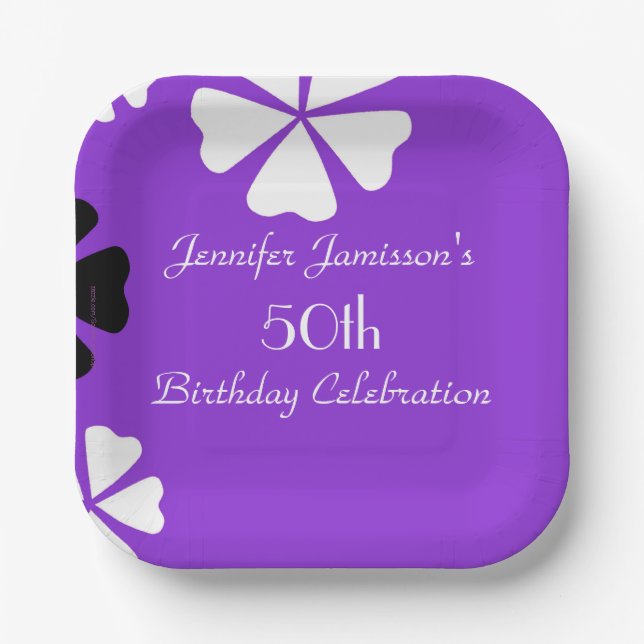Purple Floral, 50th Birthday Party, Name, Square Paper Plate (Front)