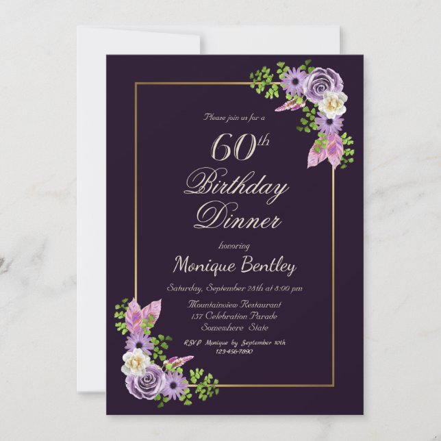 Purple Floral 60th Birthday Dinner Invitation (Front)