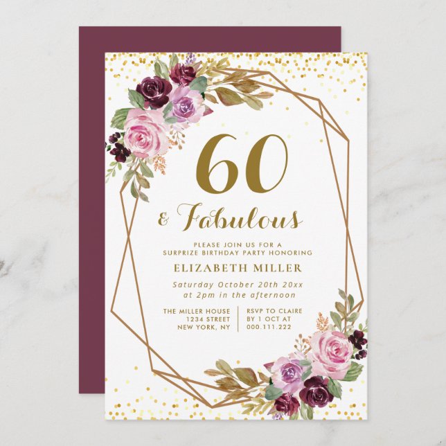 purple floral 60th birthday invitation (Front/Back)