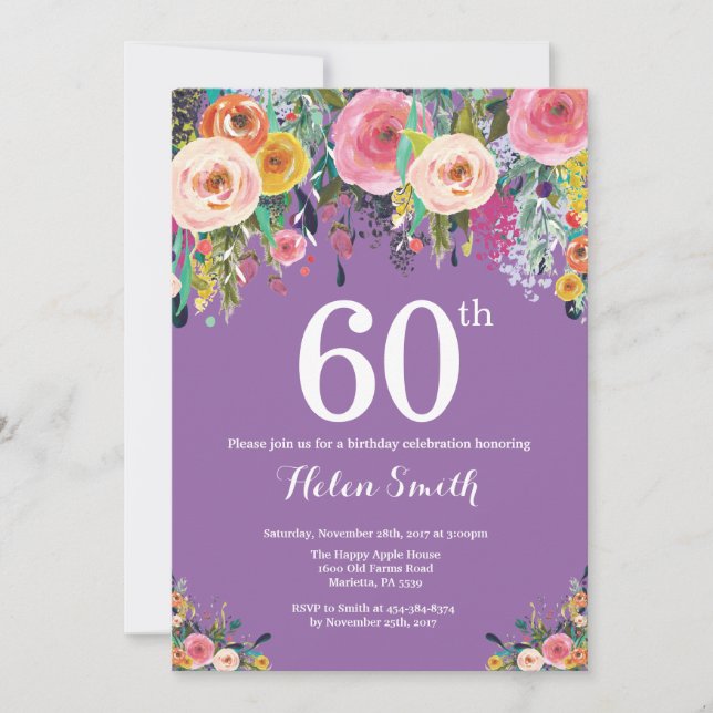 Purple Floral 60th Birthday Invitation (Front)