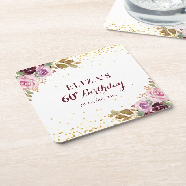 Purple floral 60th birthday party square paper coaster (Angled)