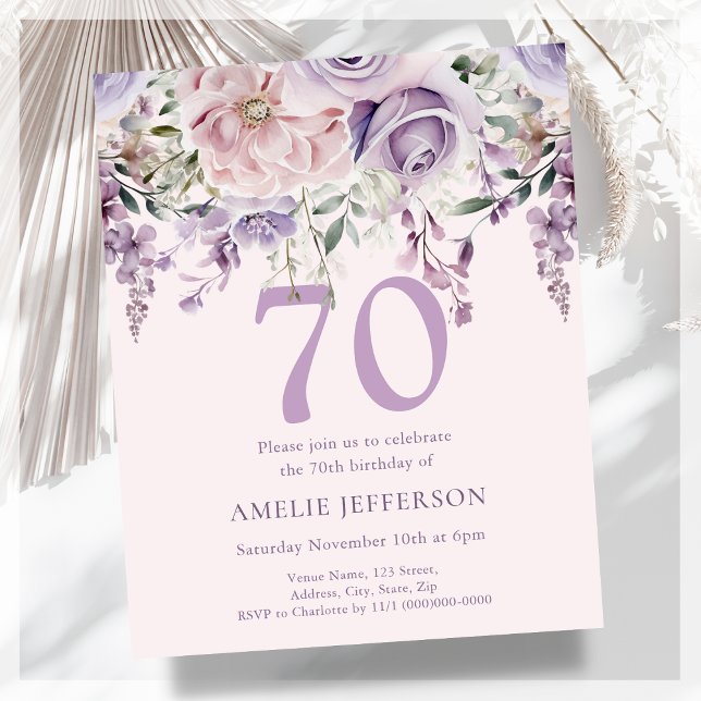 Purple Floral 70th Budget Birthday Invitation (Creator Uploaded)