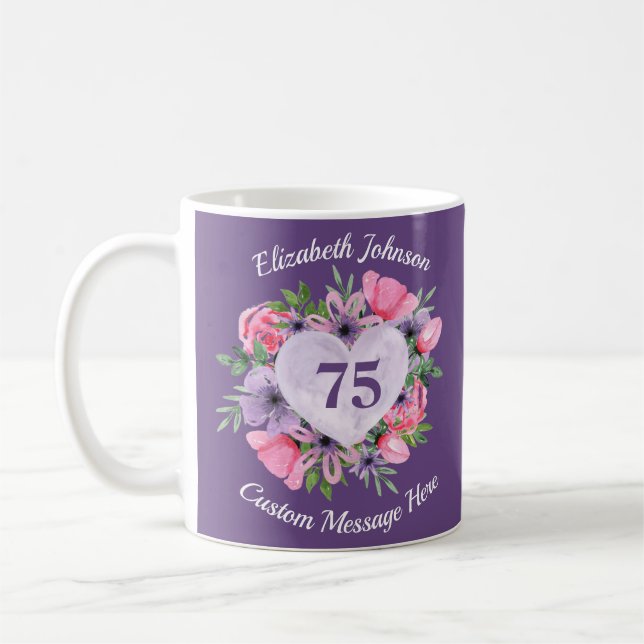 Purple Floral 75th Birthday Mug for Women (Left)