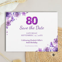 Purple Floral 80th Birthday Elegant Save the Date