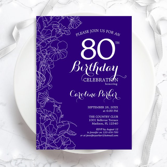 Purple Floral 80th Birthday Party Invitation (Creator Uploaded)