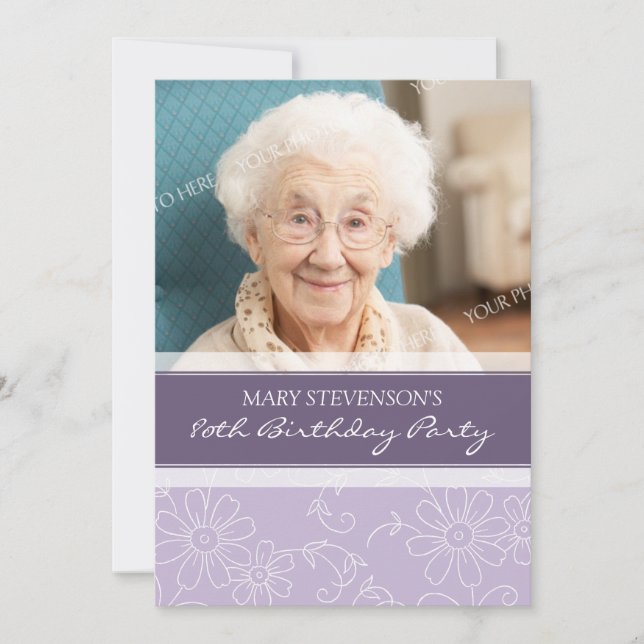 Purple Floral 80th Birthday Party Invitations (Front)