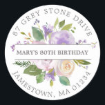 Purple Floral 80th Birthday Return Address Label<br><div class="desc">Add a special touch to your birthday invitation envelopes with this elegant round design. It features a bouquet of purple roses in the centre. Sage green leaves give it a rustic botanical vibe. The name is written across the centre on a white strip, and the address is added in curved...</div>