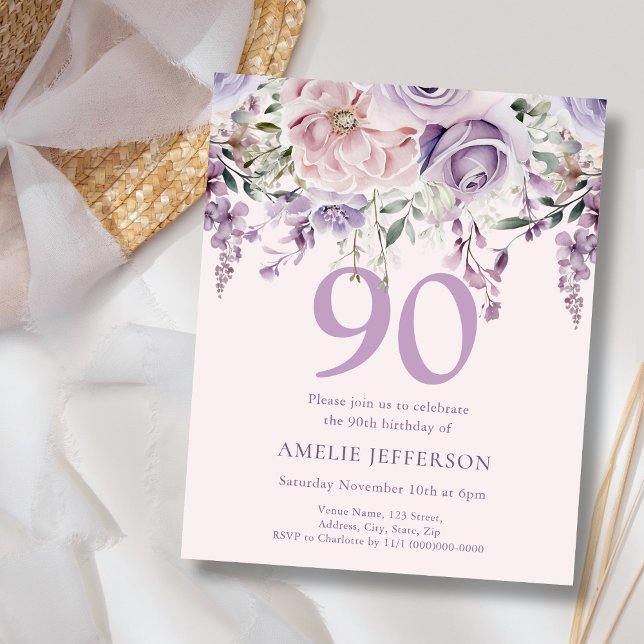 Purple Floral 90th Budget Birthday Invitation (Creator Uploaded)