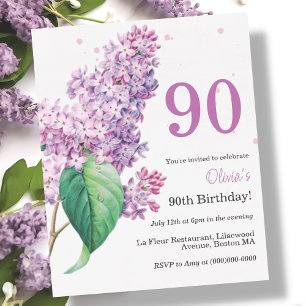 Purple Floral 90th Budget Birthday Invitation