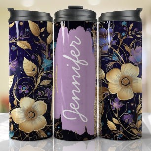 Purple Floral Add Name Custom Gift Thermal Tumbler