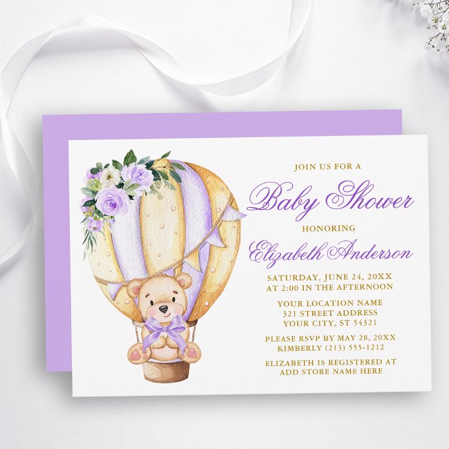 Purple Floral Air Balloon Teddy Bear Baby Shower Invitation (Customize to change text color, size, style or to change color of back of card.)