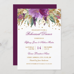 Purple Floral Amethyst Wedding Rehearsal Dinner Invitation