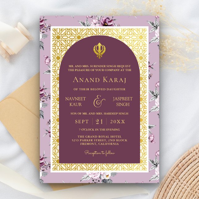 Purple Floral Anand Karaj Punjabi Sikh Wedding Invitation (Creator Uploaded)