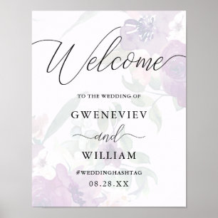 Purple Floral and Calligraphy Wedding Welcome Sign