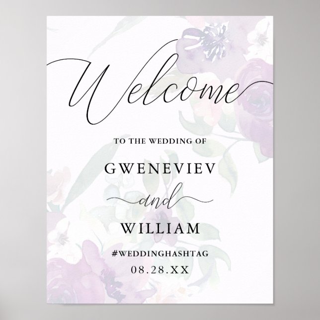Purple Floral and Calligraphy Wedding Welcome Sign (Front)