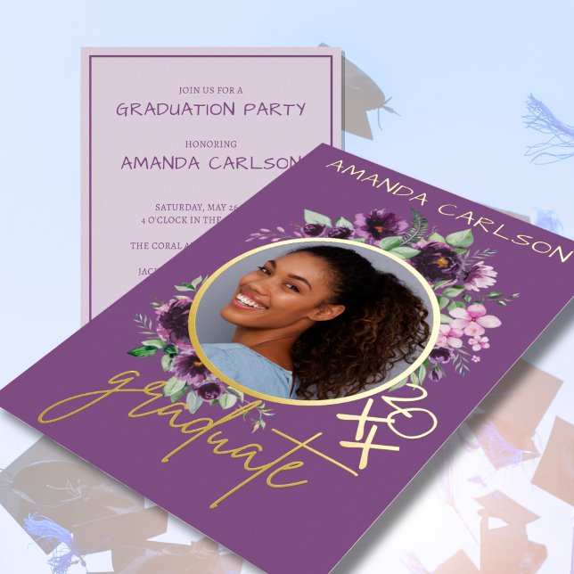 Purple Floral and Foil Photo Grad Party Invite (Creator Uploaded)