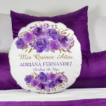 Purple Floral and Gold Leaf Quinceanera Keepsake Round Cushion<br><div class="desc">Purple Rose and Gold Leaf Floral Quinceanera keepsake pillow with fully editable text. Elegant framed design with watercolor rose flower blooms and leaves in shades of purple lilac lavender mauve and gold. Modern chic design for your 15th birthday celebration. Please browse my Rose and Gold Leaf Collection for matching products...</div>