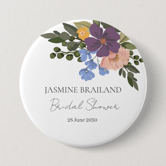 Purple Floral and Greenery Bouquet Bridal Shower  7.5 Cm Round Badge (Front)