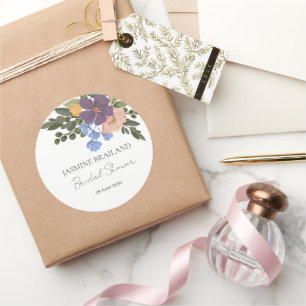 Purple Floral and Greenery Bouquet Bridal Shower  Classic Round Sticker