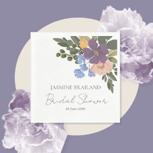 Purple Floral and Greenery Bouquet Bridal Shower Napkin